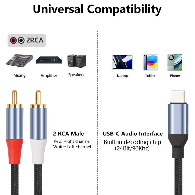 Cable de decodificación de audio de 24 bits de USB-C a doble RCA macho, 1m, 2m, 3m