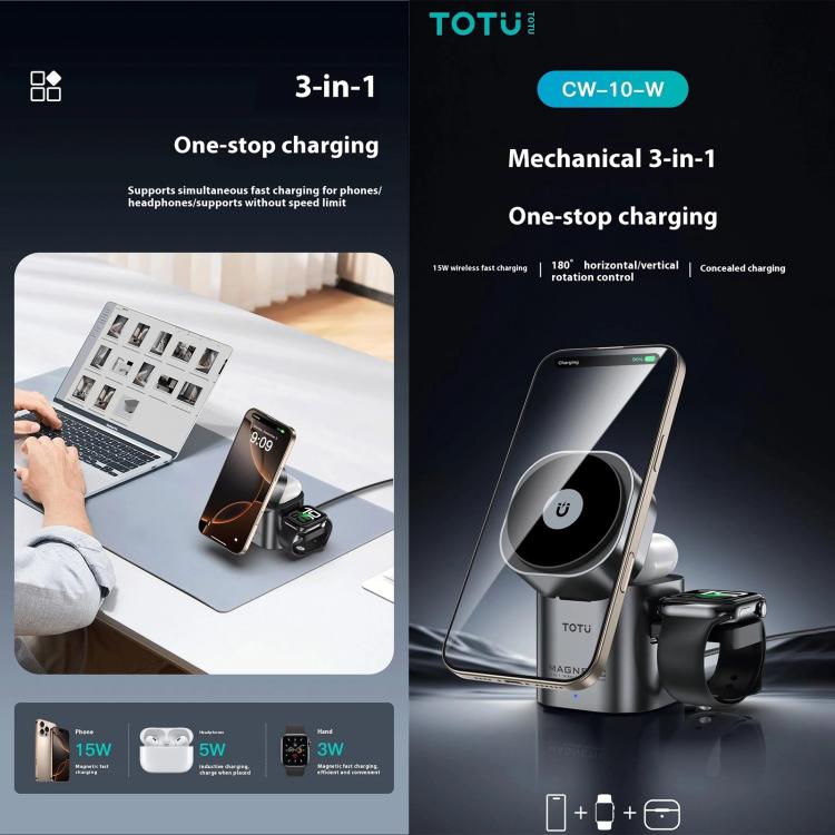 Estación de carga inalámbrica TOTU CW-10-W 3 en 1, base de carga magnética giratoria para teléfono, auriculares y reloj., CW-10-W