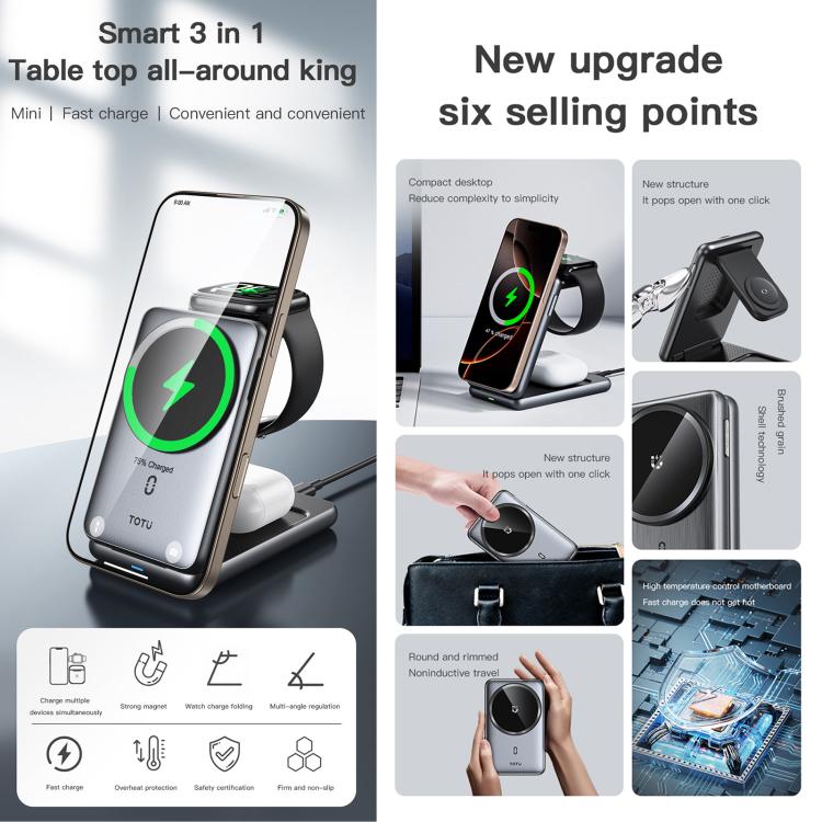 Estación de carga inalámbrica TOTU CW-4-W 3 en 1, soporte cargador magnético plegable para teléfono, reloj y auriculares., CW-4-W