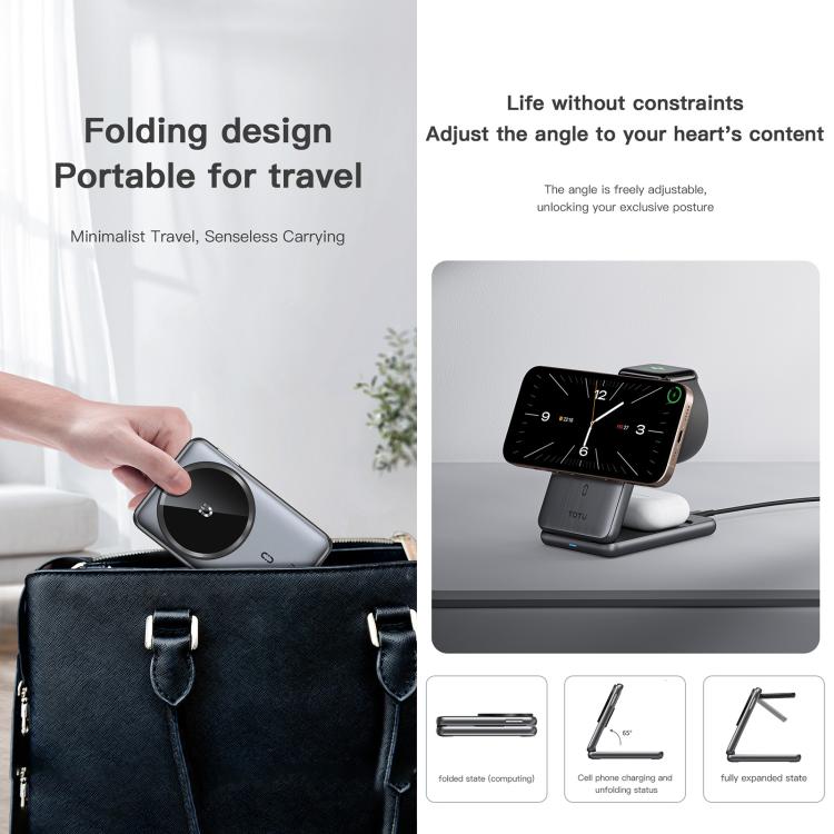Estación de carga inalámbrica TOTU CW-4-W 3 en 1, soporte cargador magnético plegable para teléfono, reloj y auriculares., CW-4-W