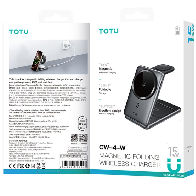 Estación de carga inalámbrica TOTU CW-4-W 3 en 1, soporte cargador magnético plegable para teléfono, reloj y auriculares., CW-4-W