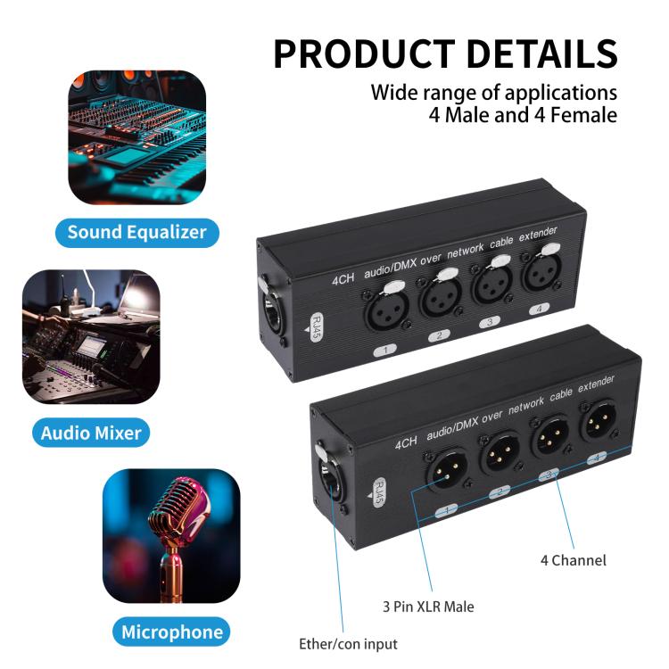 Caja divisora expansora de 4 canales XLR macho a hembra, extensión Ethernet RJ45
