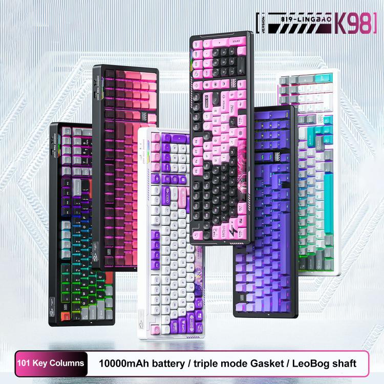 Teclado inalámbrico para juegos LINGBAO K98 de 101 teclas con triple modo, Black Pink-Flower Field Axis, Black Red-Red Rabbit Axis, White-Glazed Tile Axis, Blackberry Powder-Red Rabbit Axis Pro, Blackberry Powder-Glazed Tile Axis                       ...