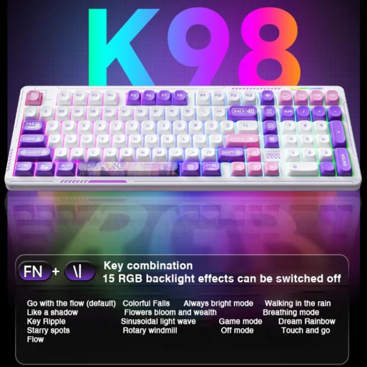 Teclado inalámbrico para juegos LINGBAO K98 de 101 teclas con triple modo, Black Pink-Flower Field Axis, Black Red-Red Rabbit Axis, White-Glazed Tile Axis, Blackberry Powder-Red Rabbit Axis Pro, Blackberry Powder-Glazed Tile Axis                       ...