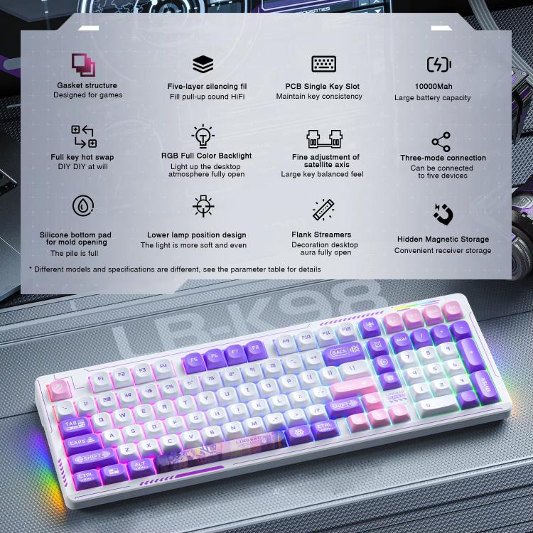 Teclado inalámbrico para juegos LINGBAO K98 de 101 teclas con triple modo, Black Pink-Flower Field Axis, Black Red-Red Rabbit Axis, White-Glazed Tile Axis, Blackberry Powder-Red Rabbit Axis Pro, Blackberry Powder-Glazed Tile Axis                       ...
