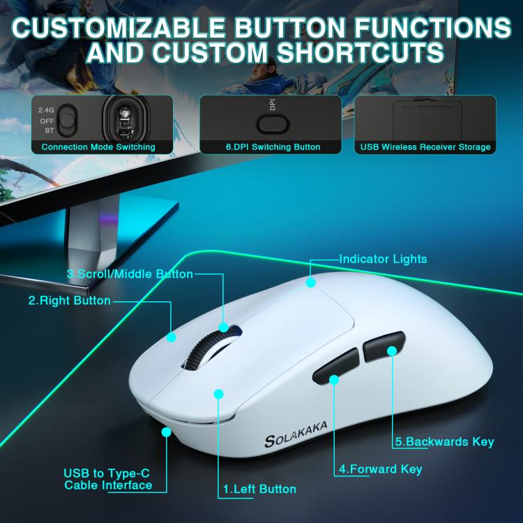 Ratón inalámbrico trimodal SOLAKAKA SM850 de 24000 DPI, 2,4 GHz + Bluetooth + con cable., SM850