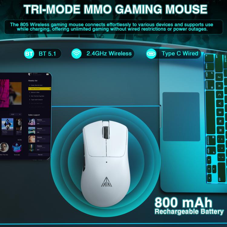 Ratón inalámbrico trimodal SOLAKAKA SM805 de 24000 DPI, 2,4 GHz + Bluetooth + con cable., SM805