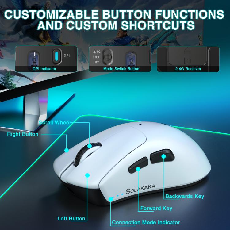 Ratón inalámbrico trimodal SOLAKAKA SM805 de 24000 DPI, 2,4 GHz + Bluetooth + con cable., SM805