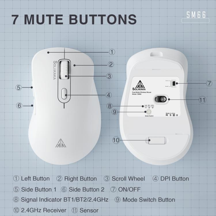 Ratón inalámbrico SOLAKAKA SM66 de 4200 DPI, 2,4 GHz + Bluetooth, modo dual., SM66