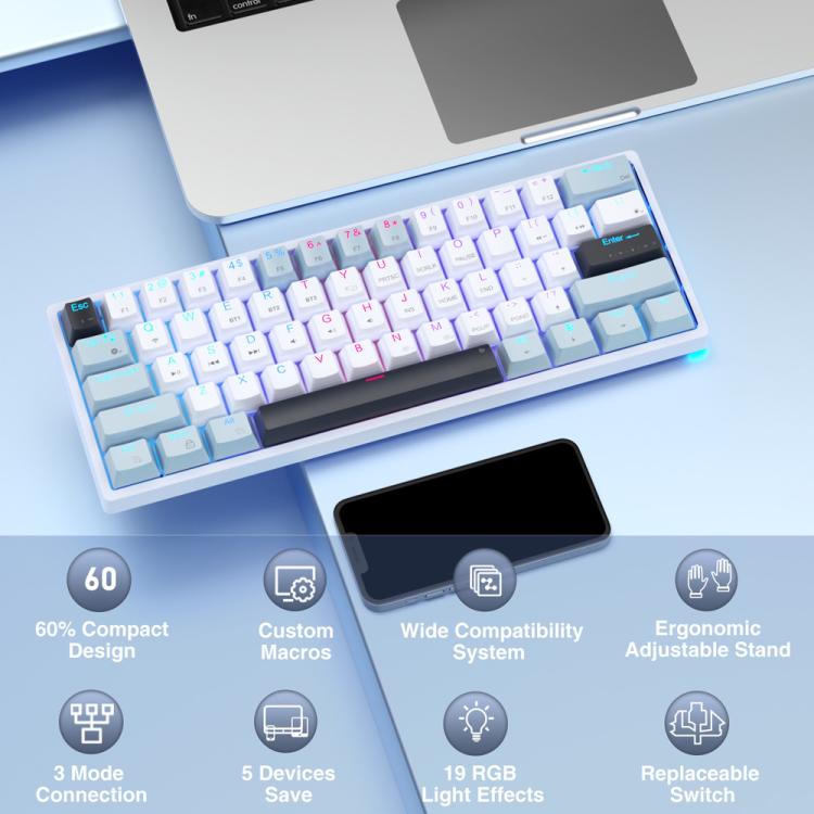 Teclado mecánico inalámbrico SOLAKAKA SK961 RGB de tres modos y 61 teclas, Red Axis
