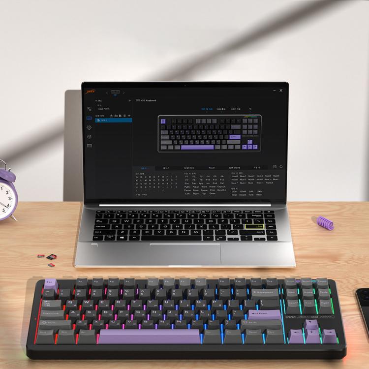 Teclado mecánico LINGBAO K87 Tri-Mode Hot Swap, Black-Gray Wood Axis, Black White-Gray Wood Axis