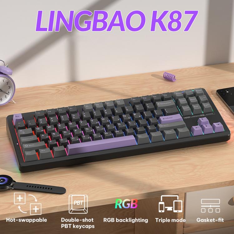 Teclado mecánico LINGBAO K87 Tri-Mode Hot Swap, Black-Gray Wood Axis, Black White-Gray Wood Axis