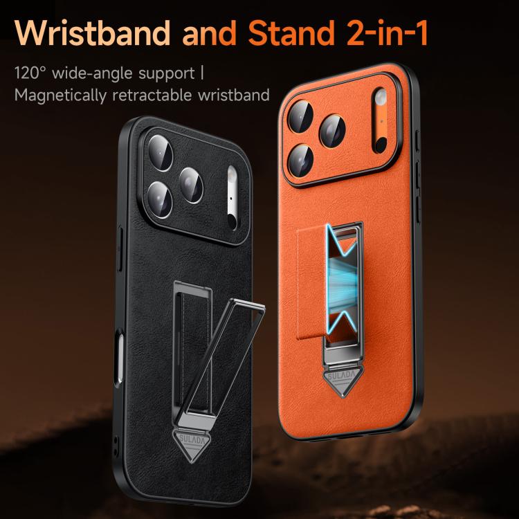 Funda para teléfono de piel sintética con soporte metálico oculto y pulsera SULADA, For iPhone 17 Pro Max, For iPhone 17 Pro, For iPhone 17, For iPhone 16 Pro Max, For iPhone 16 Pro, For iPhone 16