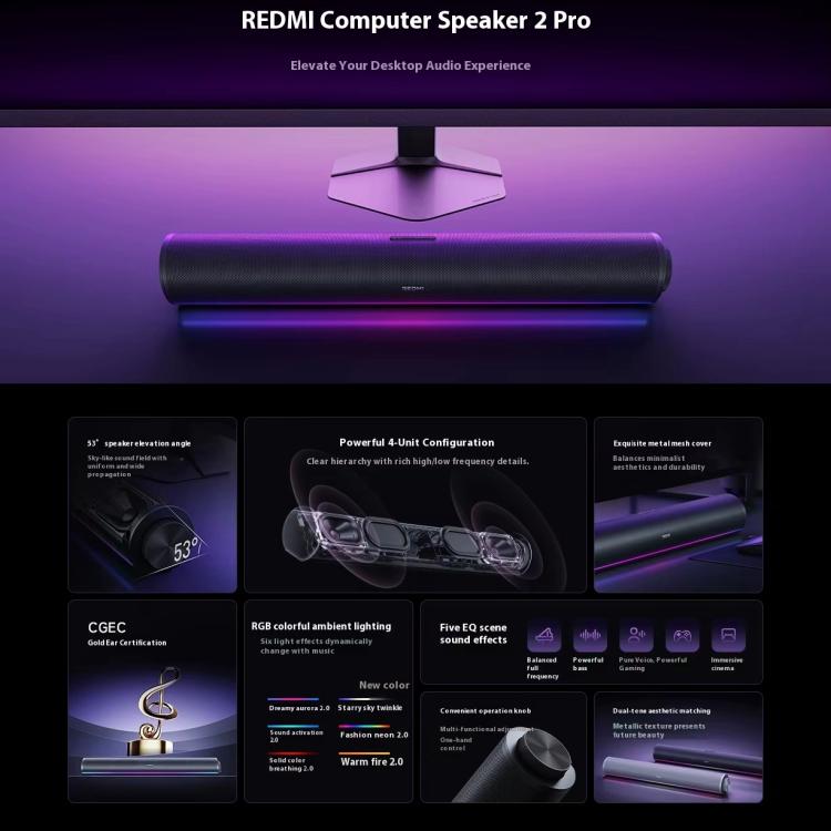 Barra de sonido estéreo de escritorio Xiaomi Redmi 2 Pro con luz RGB, original.