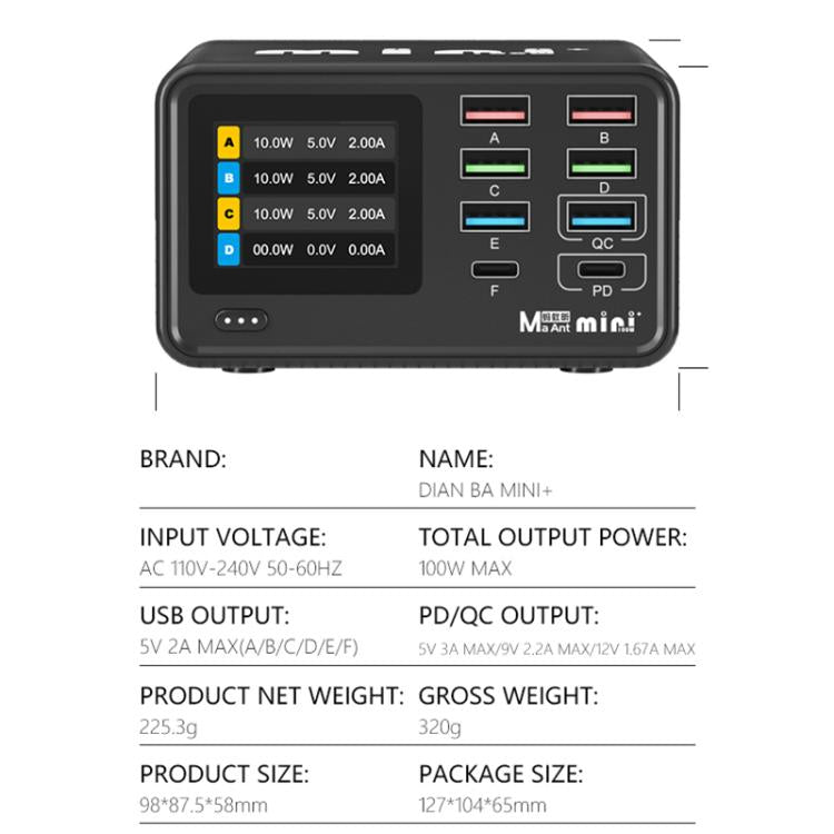 Cargador multifunción MaAnt Dianba Mini de 75 W con 8 puertos y soporte para carga rápida PD., MaAnt Dianba Mini EU Plug