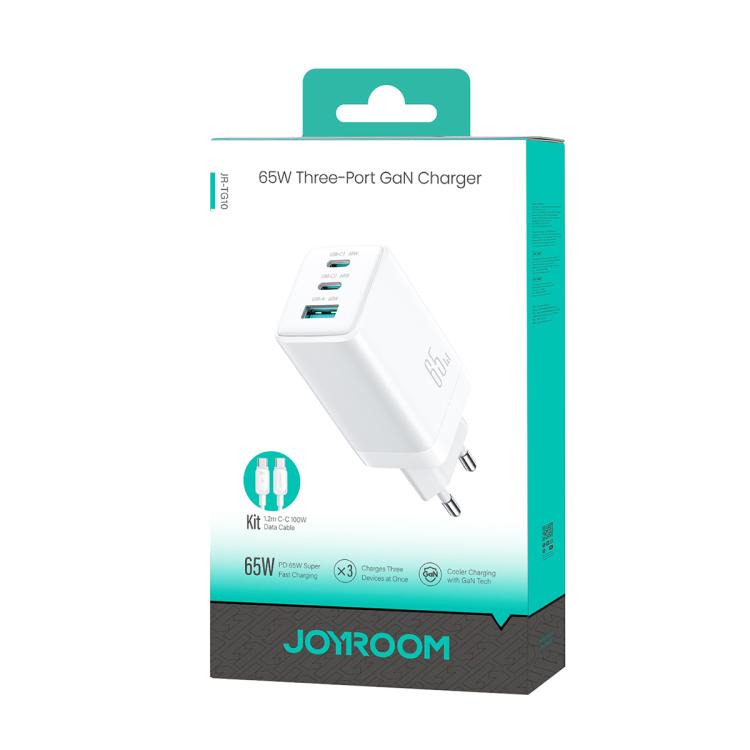Cargador JOYROOM JR-TG10 de 65 W con doble puerto USB tipo C y 3 puertos, con cable USB tipo C a tipo C., EU Plug, UK Plug