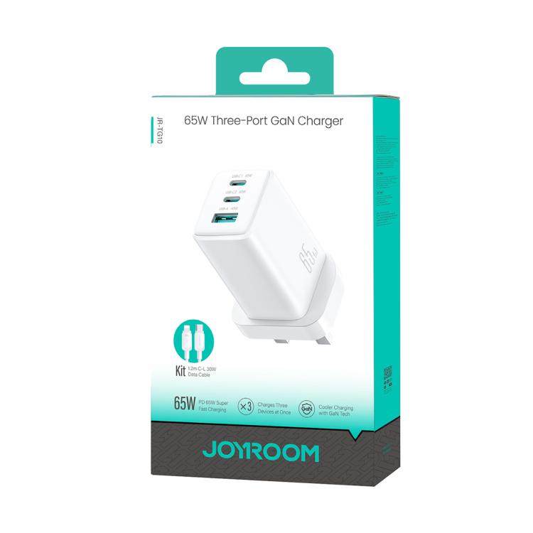 Cargador JOYROOM JR-TG10 de 65 W con doble puerto USB tipo C y 3 puertos, con cable USB tipo C a 8 pines., EU Plug, UK Plug