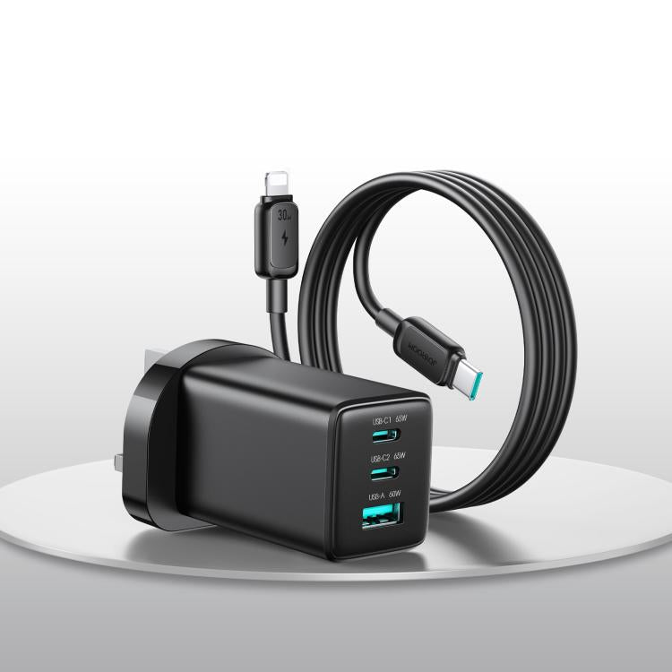 Cargador JOYROOM JR-TG10 de 65 W con doble puerto USB tipo C y 3 puertos, con cable USB tipo C a 8 pines., EU Plug, UK Plug