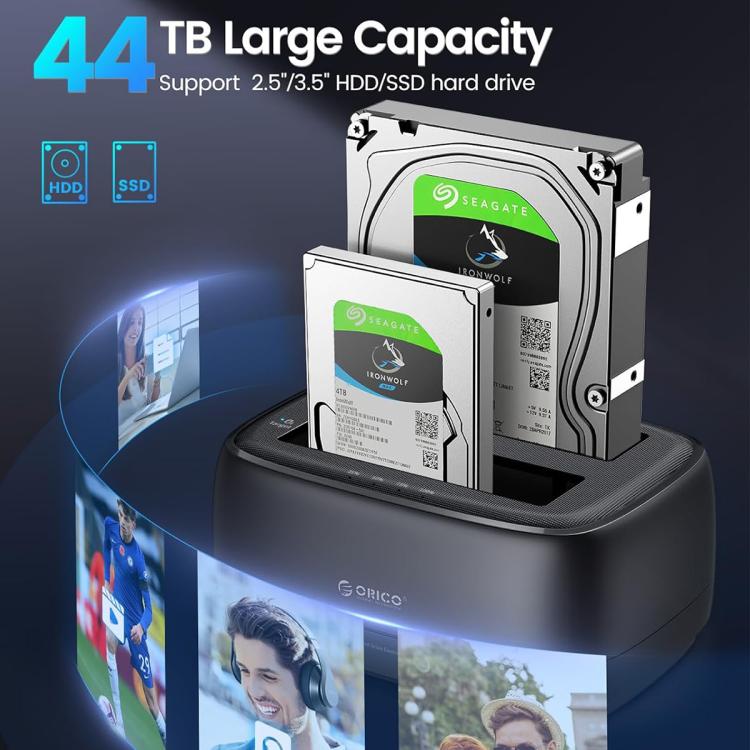 Estación de acoplamiento ORICO DD28C3-C para discos duros/SSD de 2,5/3,5 pulgadas, con conexión USB-C a SATA y 2 bahías., EU Plug, UK Plug, US Plug