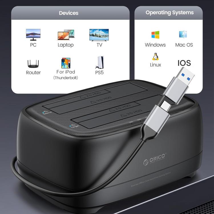 Estación de acoplamiento ORICO DD28C3-C para discos duros/SSD de 2,5/3,5 pulgadas, con conexión USB-C a SATA y 2 bahías., EU Plug, UK Plug, US Plug