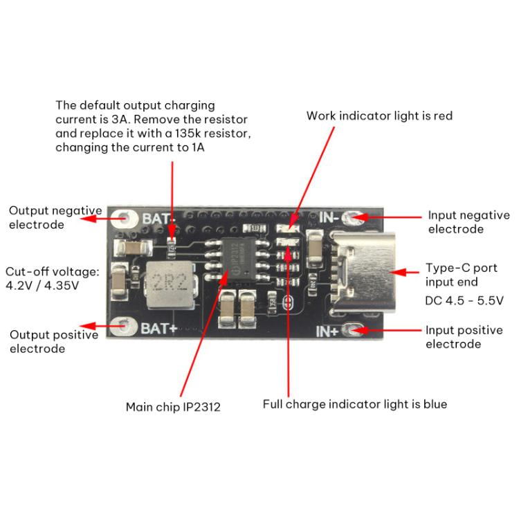 Placa de carga rápida para baterías de litio ternarias de polímero tipo C IP2312, 3A, 5V a 4.2V, 4.35V, Battery Charging Board