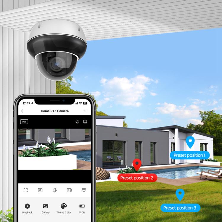Cámara de seguridad tipo domo para exteriores RH-D05 de 5 MP con zoom óptico 5x, PoE y Wi-Fi., RH-D05