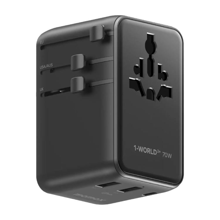 Cargador universal de viaje MOMAX UA30 1-World 2+ de 70 W con doble alimentación de CA y tecnología GaN, con cable retráctil., UA30D, UA30L
