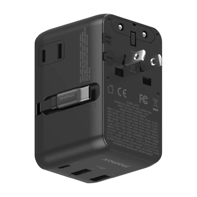 Cargador universal de viaje MOMAX UA30 1-World 2+ de 70 W con doble alimentación de CA y tecnología GaN, con cable retráctil., UA30D, UA30L