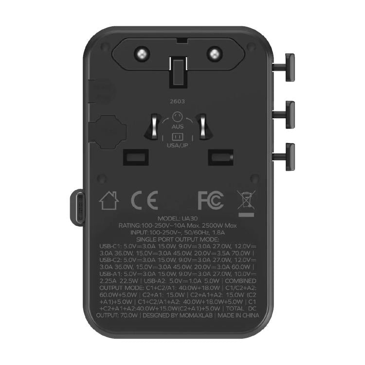 Cargador universal de viaje MOMAX UA30 1-World 2+ de 70 W con doble alimentación de CA y tecnología GaN, con cable retráctil., UA30D, UA30L