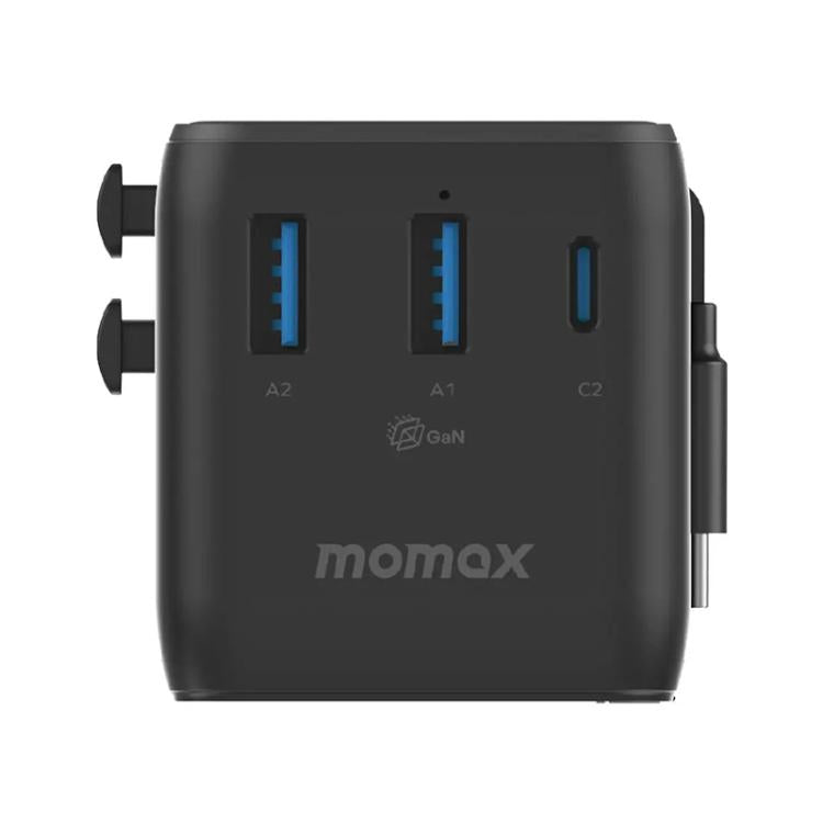 Cargador universal de viaje MOMAX UA30 1-World 2+ de 70 W con doble alimentación de CA y tecnología GaN, con cable retráctil., UA30D, UA30L