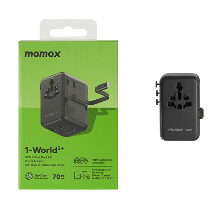 Cargador universal de viaje MOMAX UA30 1-World 2+ de 70 W con doble alimentación de CA y tecnología GaN, con cable retráctil., UA30D, UA30L