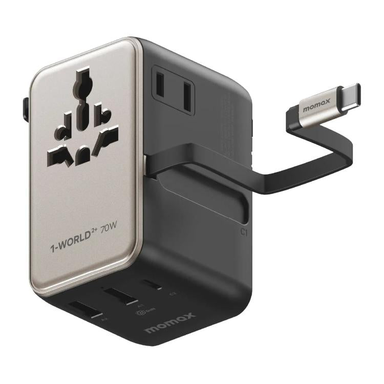 Cargador universal de viaje MOMAX UA30 1-World 2+ de 70 W con doble alimentación de CA y tecnología GaN, con cable retráctil., UA30D, UA30L
