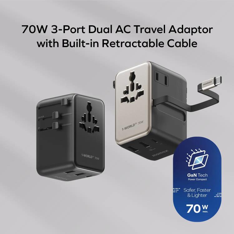 Cargador universal de viaje MOMAX UA30 1-World 2+ de 70 W con doble alimentación de CA y tecnología GaN, con cable retráctil., UA30D, UA30L