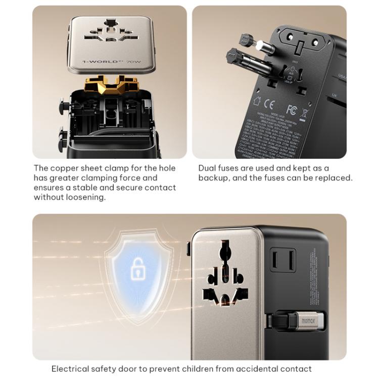 Cargador universal de viaje MOMAX UA30 1-World 2+ de 70 W con doble alimentación de CA y tecnología GaN, con cable retráctil., UA30D, UA30L