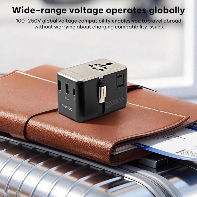 Cargador universal de viaje MOMAX UA30 1-World 2+ de 70 W con doble alimentación de CA y tecnología GaN, con cable retráctil., UA30D, UA30L