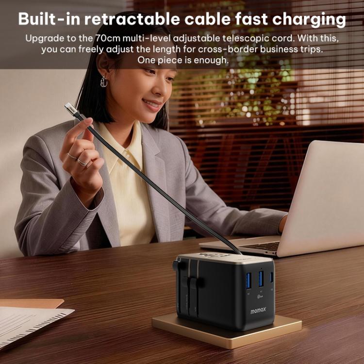 Cargador universal de viaje MOMAX UA30 1-World 2+ de 70 W con doble alimentación de CA y tecnología GaN, con cable retráctil., UA30D, UA30L