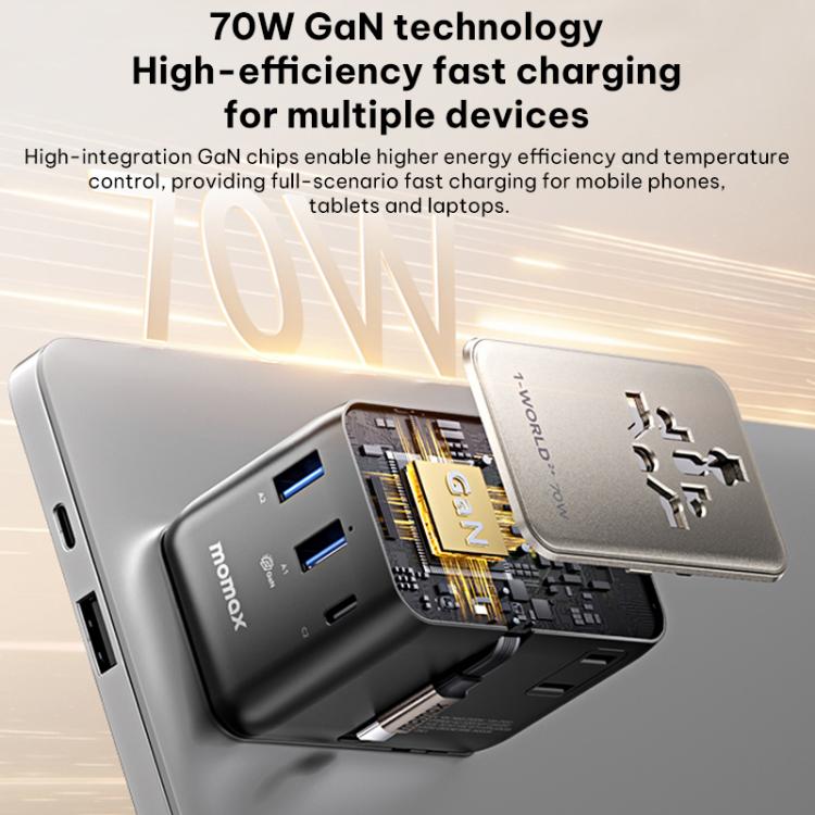 Cargador universal de viaje MOMAX UA30 1-World 2+ de 70 W con doble alimentación de CA y tecnología GaN, con cable retráctil., UA30D, UA30L