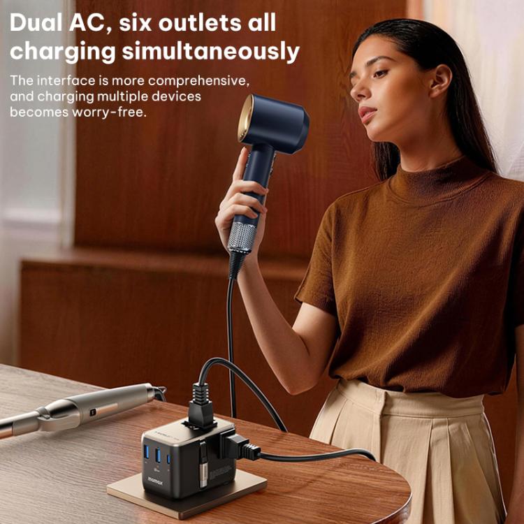 Cargador universal de viaje MOMAX UA30 1-World 2+ de 70 W con doble alimentación de CA y tecnología GaN, con cable retráctil., UA30D, UA30L