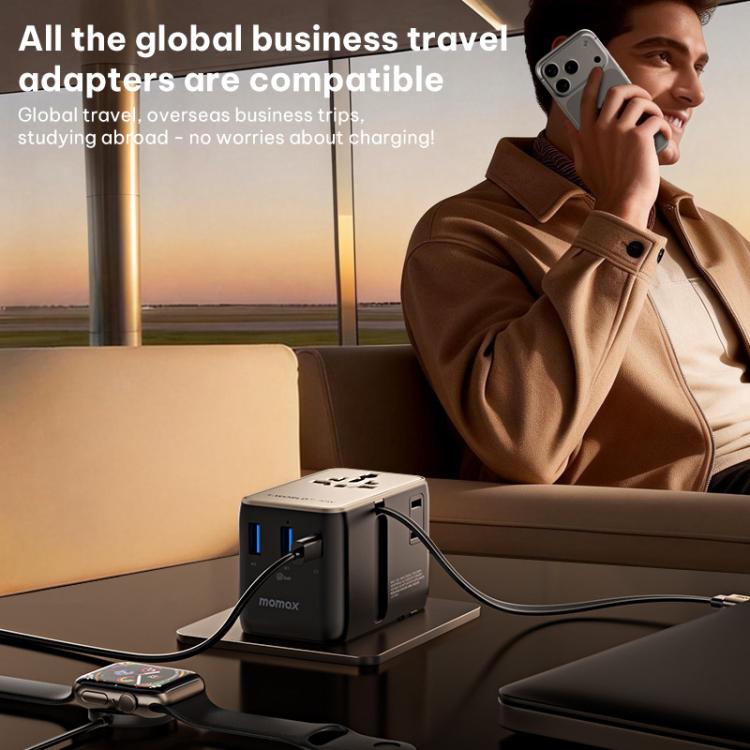 Cargador universal de viaje MOMAX UA30 1-World 2+ de 70 W con doble alimentación de CA y tecnología GaN, con cable retráctil., UA30D, UA30L