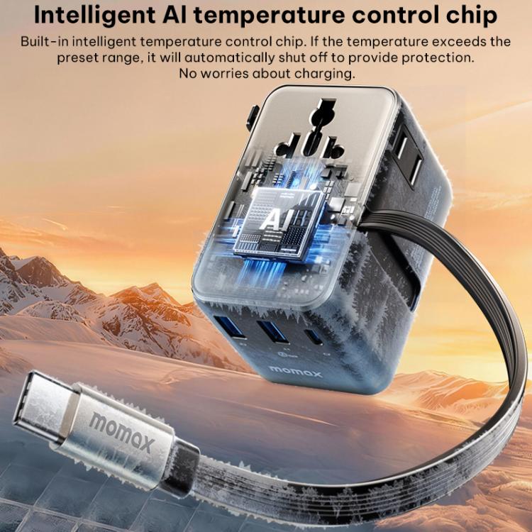 Cargador universal de viaje MOMAX UA30 1-World 2+ de 70 W con doble alimentación de CA y tecnología GaN, con cable retráctil., UA30D, UA30L