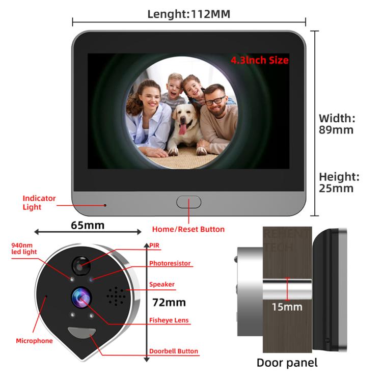 Videoportero RH-PD7 con pantalla HD de 4,3 pulgadas, mirilla panorámica de 360 grados y conexión WiFi inalámbrica de 2,4 GHz., RH-PD7