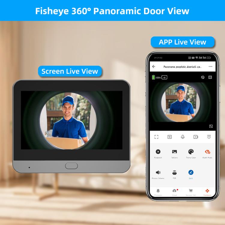 Videoportero RH-PD7 con pantalla HD de 4,3 pulgadas, mirilla panorámica de 360 grados y conexión WiFi inalámbrica de 2,4 GHz., RH-PD7