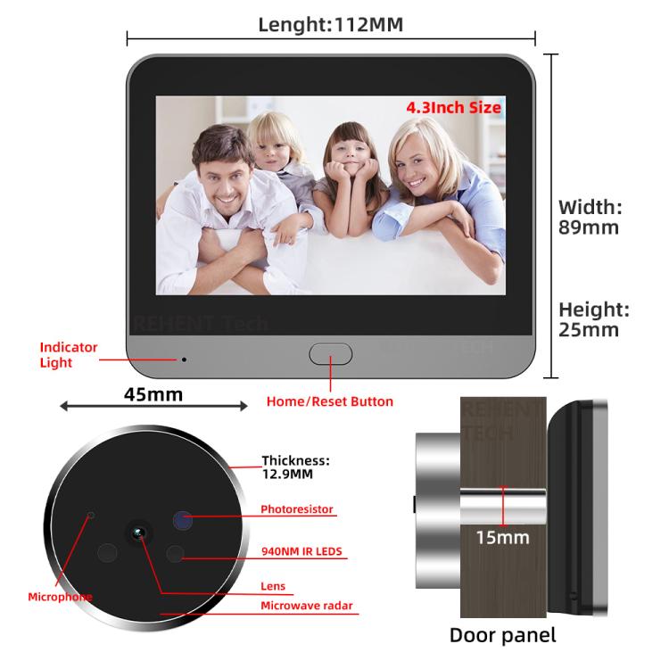 RH-PD9 Pantalla HD de 4,3 pulgadas, mirilla con radar de microondas, detección de movimiento y videoportero WiFi., RH-PD9