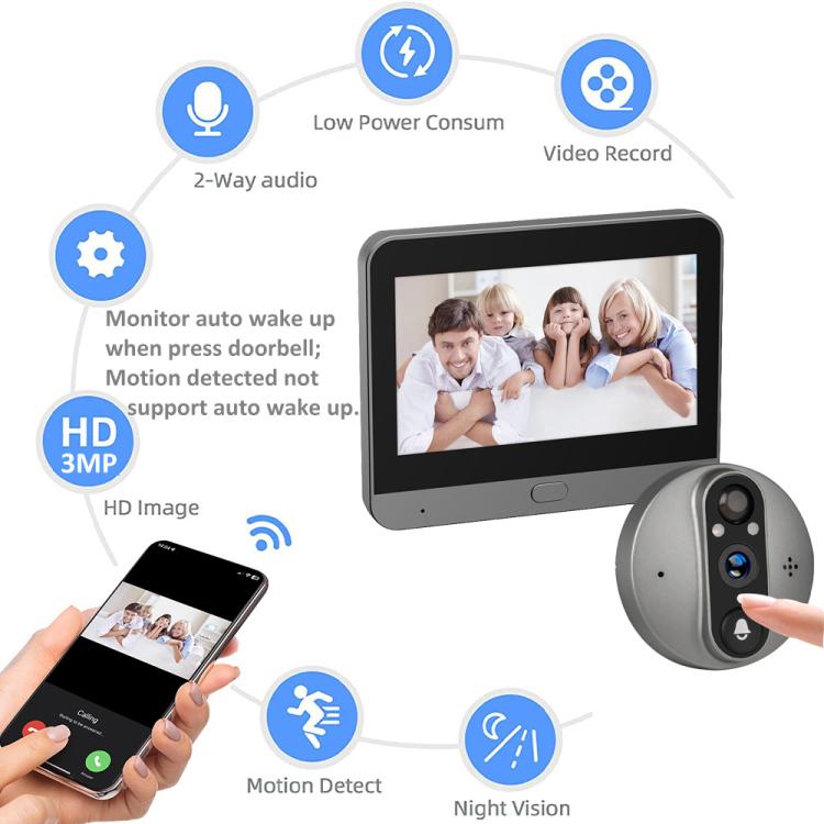 RH-PD8-I Pantalla HD de 4,3 pulgadas, sin puntos rojos, visión nocturna, timbre de video WiFi, RH-PD8-I