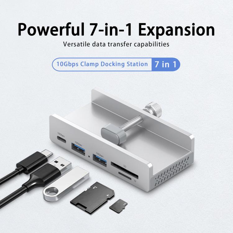 HCL-1071 Estación de acoplamiento HUB de 7 puertos Tipo-C de 3,2" con abrazadera y cable Tipo-C a Tipo-C., HCL-1071-BK, HCL-1071-SV