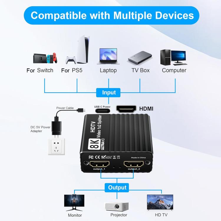 Divisor de vídeo HDMI Ultra HD H12 8K 60Hz 1 entrada 2 salidas, H12