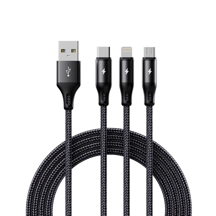 Cable de carga trenzado metálico ROCK RCB0790 de 1,2 m, 3 en 1, USB a 8 pines + Tipo-C + Micro USB., RCB0790