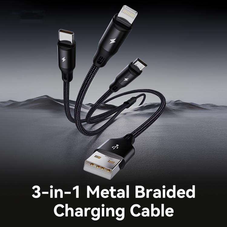 Cable de carga trenzado metálico ROCK RCB0790 de 1,2 m, 3 en 1, USB a 8 pines + Tipo-C + Micro USB., RCB0790