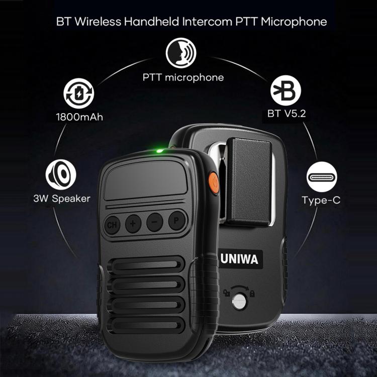 Intercomunicador portátil inalámbrico UNIWA BM008 BT5.2 con micrófono PTT y función de walkie-talkie.