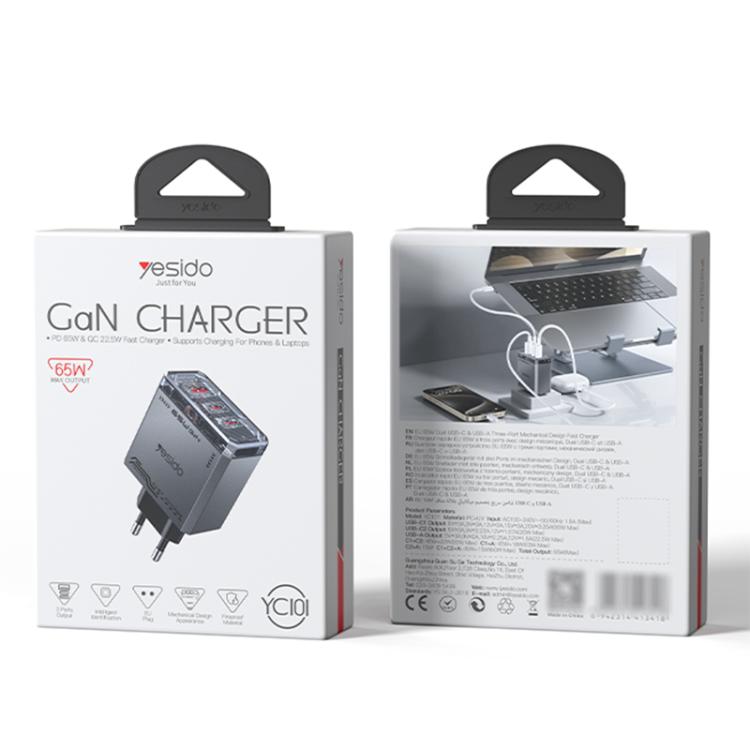 Cargador rápido de tres puertos Yesido YC101 de 65 W con tecnología Mecha GaN, YC101